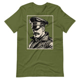 Olive Green T-shirt with a graphic design of a mustachioed man in classic leather gear - Olive Leather Icon t-shirt - leather daddy gay pride LGBTQ+ tee by BackRoomGear