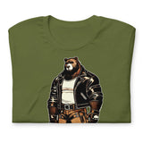 Folded olive t-shirt with a graphic of a buff cartoon bear wearing a leather jacket - Leather Daddy Bear T-Shirt – Gay Bear Pride Community Tee – LGBTQ+ pride t-shirts US UK – Gay pride shirts collection – Made-to-order gay apparel