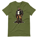 Olive t-shirt with a graphic of a buff cartoon bear wearing a leather jacket - Leather Daddy Bear T-Shirt – Gay Bear Pride Community Tee – LGBTQ+ pride t-shirts US UK – Gay pride shirts collection – Made-to-order gay apparel