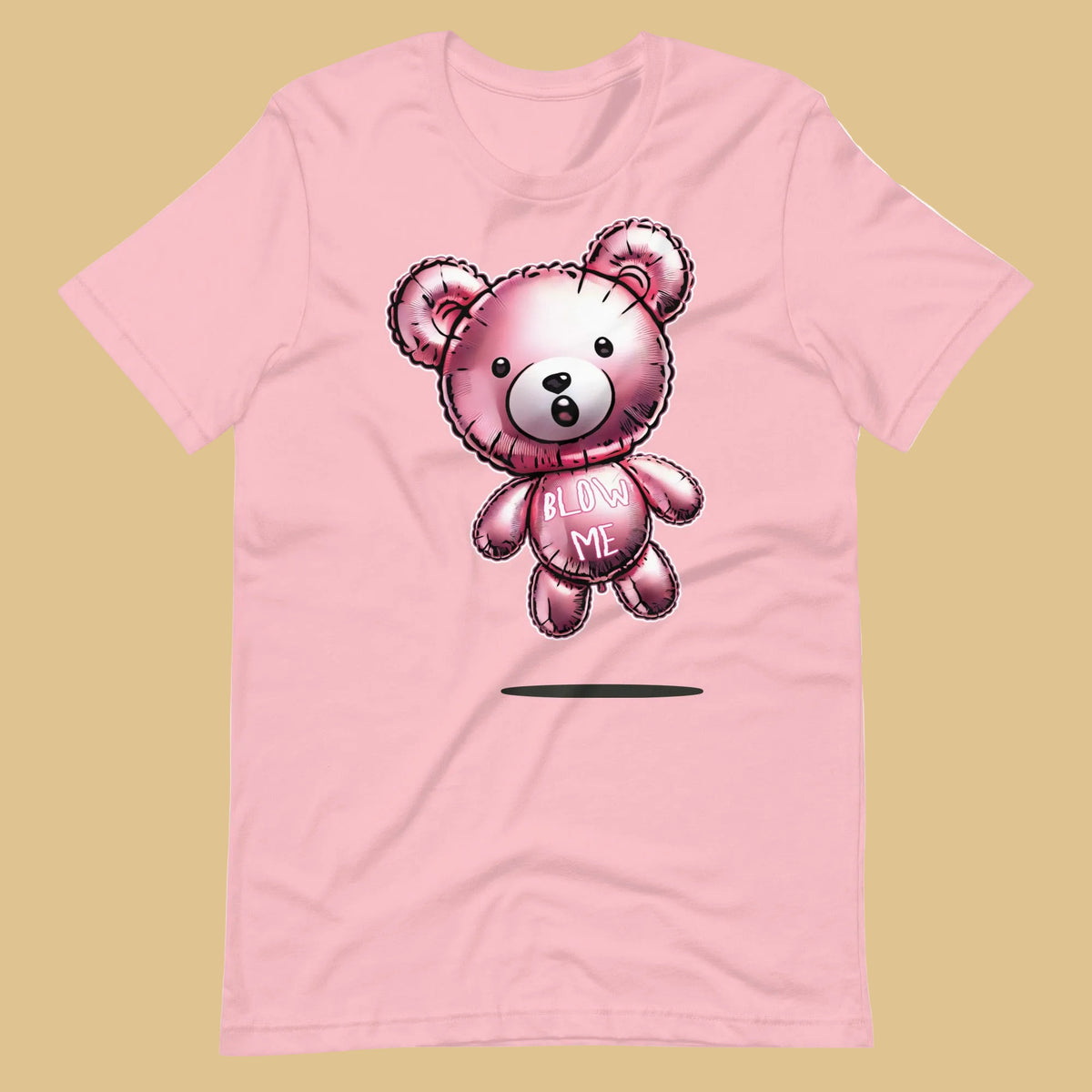 Pink t-shirt with a bear balloon design with the words "BLOW ME" on a beige background - Berry pink Blow Me Bear t-shirt - funny gay pride balloon tee by BackRoom Gear