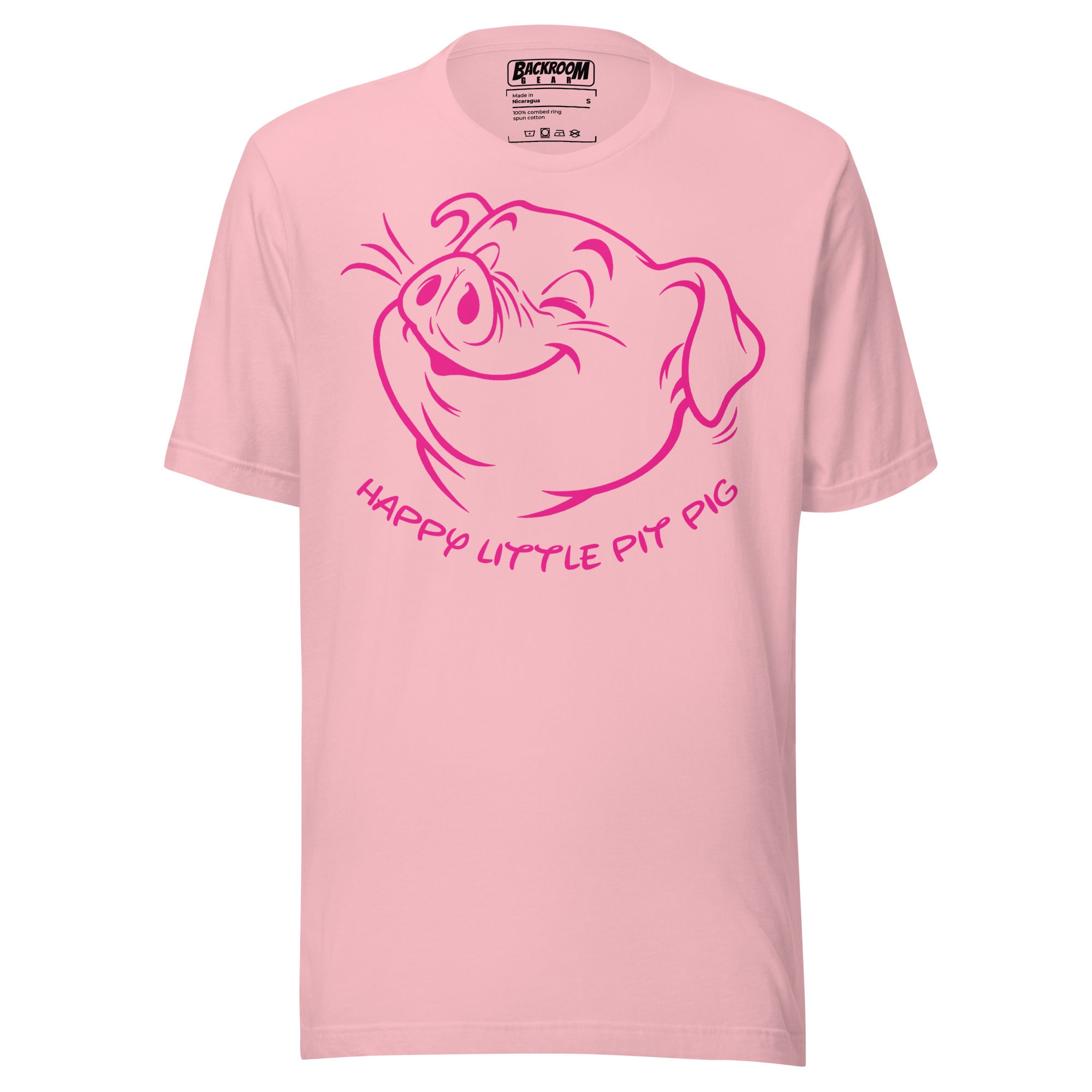 Happy Little Pit Pig pink t-shirt front view with pit pig graphic - Backroom Gear