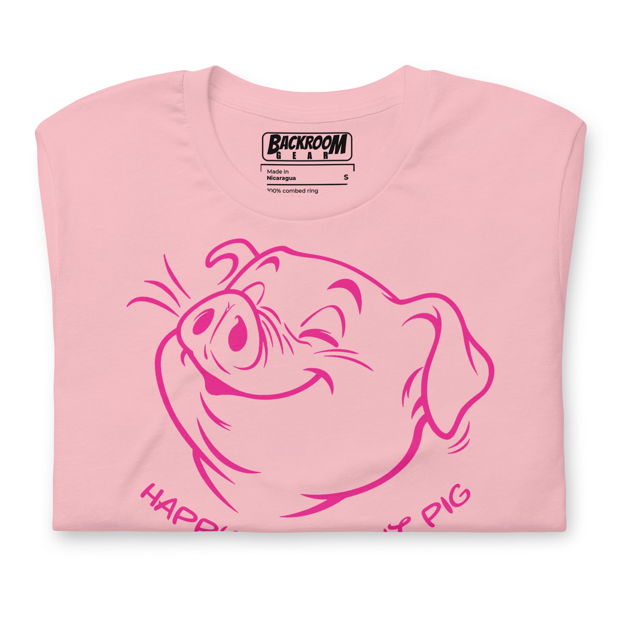 Folded Happy Little Pit Pig pink t-shirt front view with pit pig graphic - Backroom Gear