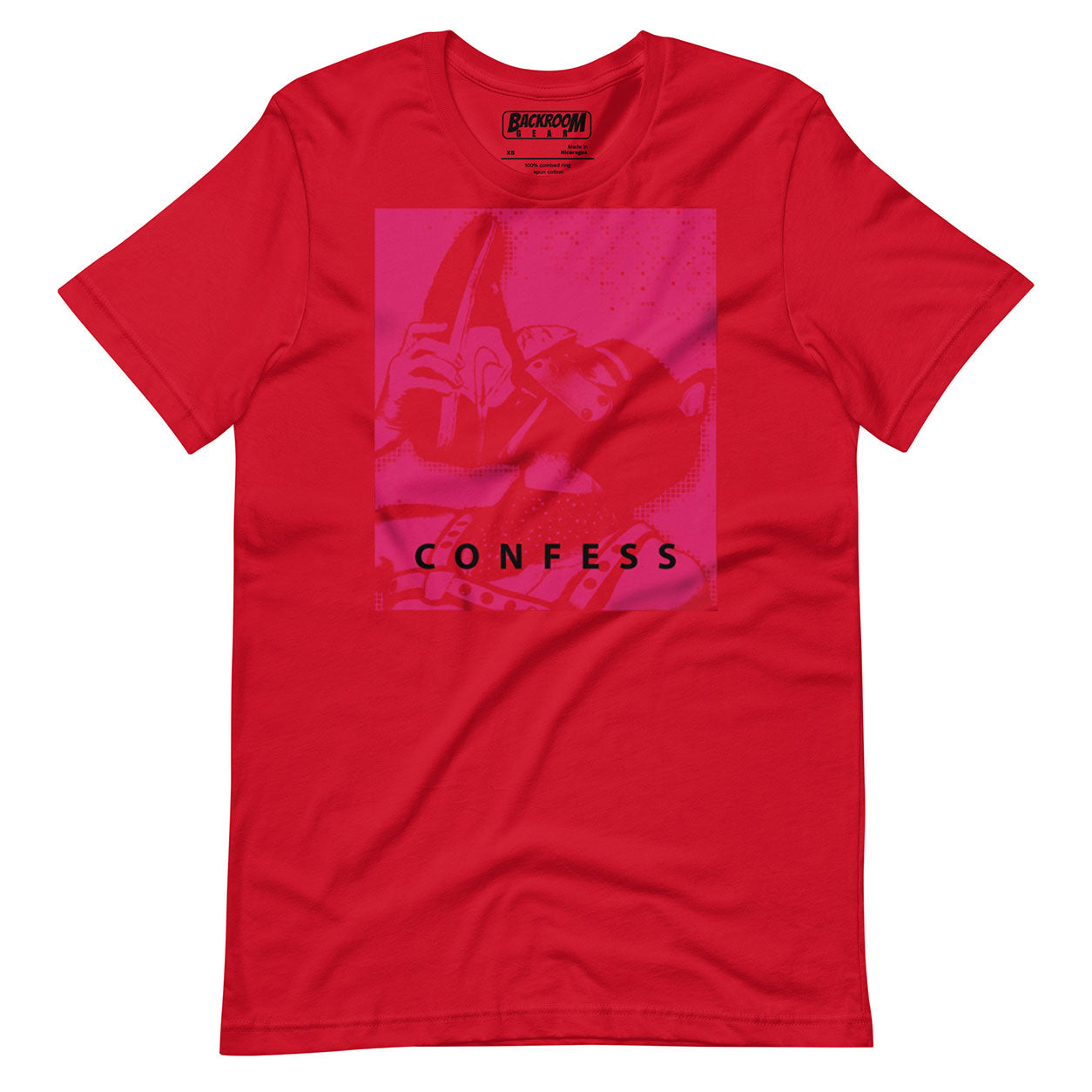 Red t-shirt with a Sneaker Pup graphic design and 'CONFESS' text on a white background