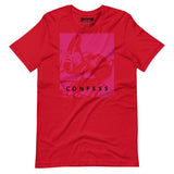 Red t-shirt with a Sneaker Pup graphic design and 'CONFESS' text on a white background