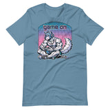 Steel Blue t-shirt with a "Game On Pup" graphic design – Gamer Gay Pup Play T-Shirt – LGBTQ+ pride t-shirts US UK – Gay pride shirts collection – Made-to-order gay apparel