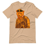 Tan brown T-shirt with a vintage-style graphic of a leather-clad bear - Vintage Leather Bear Pride T-Shirt – Retro Gay Bear Flag Tee – LGBTQ+ pride t-shirts US UK – Gay pride shirts collection – Made-to-order gay apparel