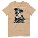 Tan beige T-shirt with a graphic design of a mustachioed man in classic leather gear - Tan Leather Icon t-shirt - leather daddy gay pride LGBTQ+ tee by BackRoomGear