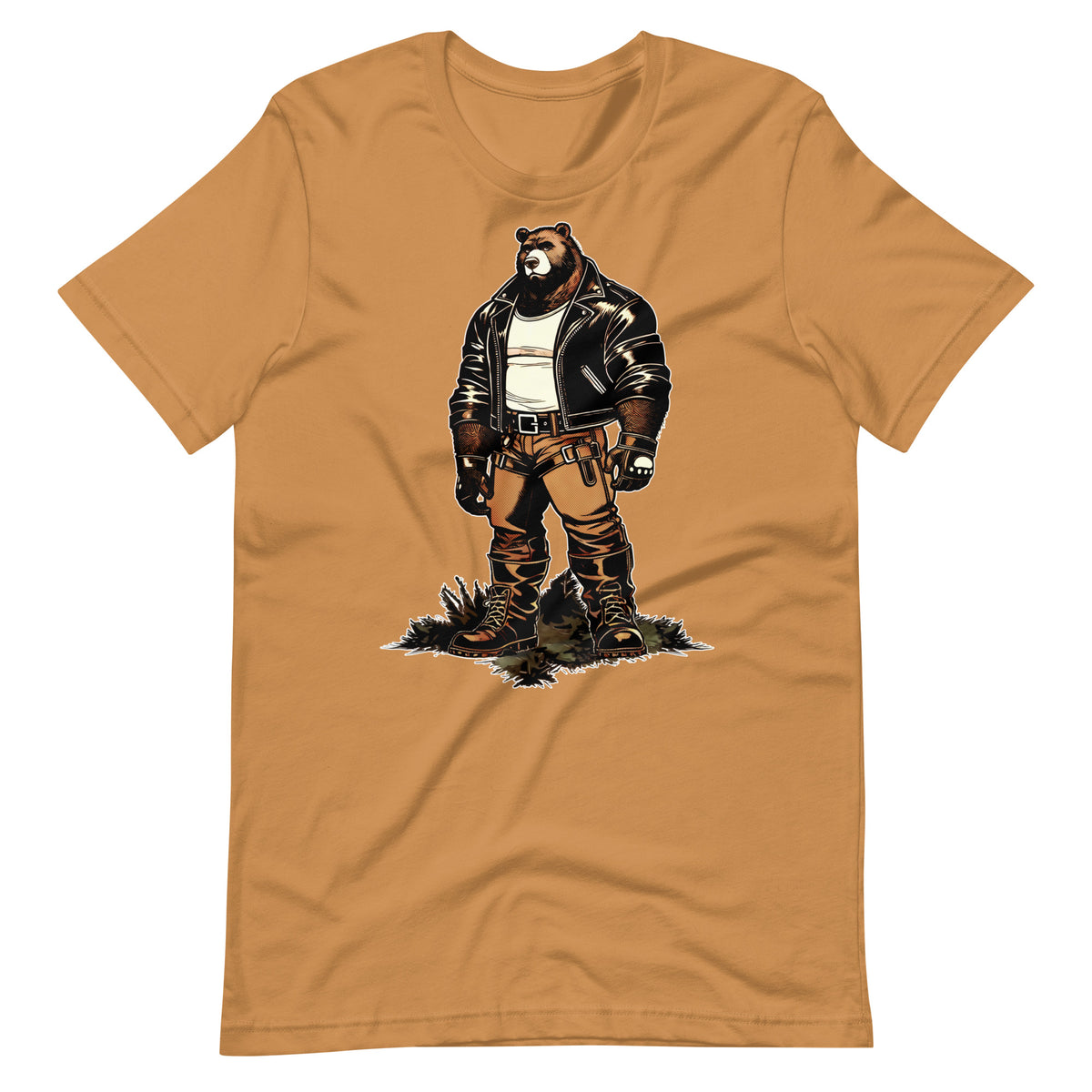 Toast brown t-shirt with a graphic of a buff cartoon bear wearing a leather jacket - Leather Daddy Bear T-Shirt – Gay Bear Pride Community Tee – LGBTQ+ pride t-shirts US UK – Gay pride shirts collection – Made-to-order gay apparel