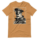 Toast brown T-shirt with a graphic design of a mustachioed man in classic leather gear - Toast Leather Icon t-shirt - leather daddy gay pride LGBTQ+ tee by BackRoomGear