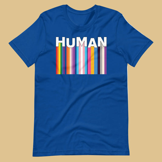 We Are Human True Royal T-Shirt Flat - BackRoom Gear - Human Rainbow Heart Pride T-Shirt – LGBTQ+ Love Unity Tee – Inclusive rainbow pride shirt – LGBTQ+ pride t-shirts US UK – Made-to-order LGBTQ clothing