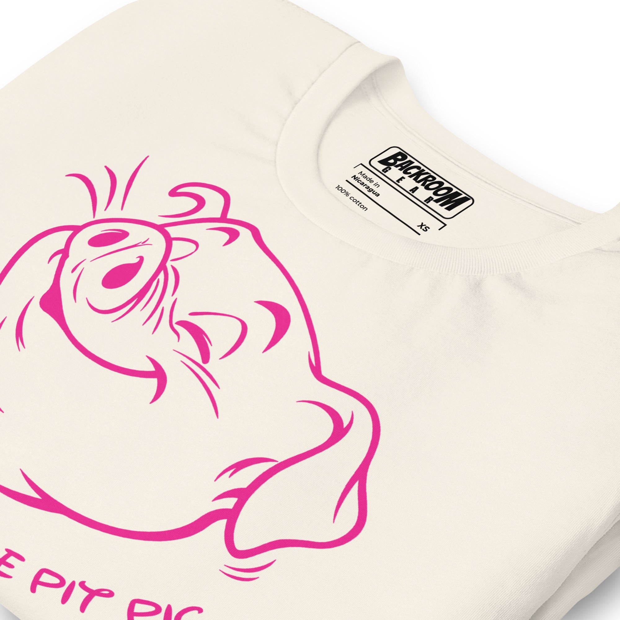 Happy Little Pit Pig vintage white t-shirt close-up detail of pit pig graphic - Backroom Gear