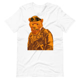 White T-shirt with a vintage-style graphic of a leather-clad bear - Vintage Leather Bear Pride T-Shirt – Retro Gay Bear Flag Tee – LGBTQ+ pride t-shirts US UK – Gay pride shirts collection – Made-to-order gay apparel