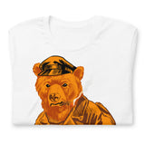 Folded White T-shirt with a vintage-style graphic of a leather-clad bear - Vintage Leather Bear Pride T-Shirt – Retro Gay Bear Flag Tee – LGBTQ+ pride t-shirts US UK – Gay pride shirts collection – Made-to-order gay apparel