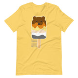 Yellow t-shirt with a bear popsicle graphic on a white background - Bear Paddle Pop T-Shirt – Gay Bear Pride Flag Parody Tee – LGBTQ+ pride t-shirts US UK – Gay pride shirts collection – Made-to-order gay apparel