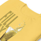 Yellow shirt featuring a vintage graphic of a beer pint glass being filled with the words "fill my Glass" - yellow Fill My Glass t-shirt - watersports kink pride LGBTQ+ tee by BackRoomGear